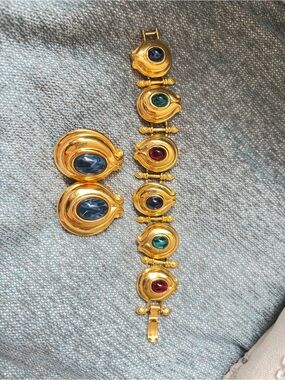Fendi Vintage Gold-Tone Bracelet with Blue, Green & Red Cabochons